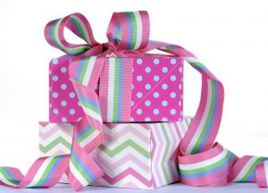 Beautiful candy color gifts with bright pink and blue polka dots