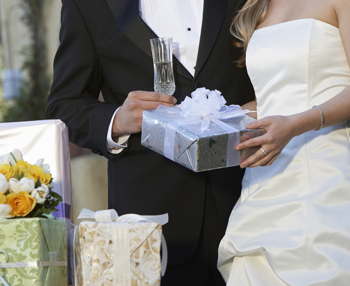 Bride and groom with wedding presents