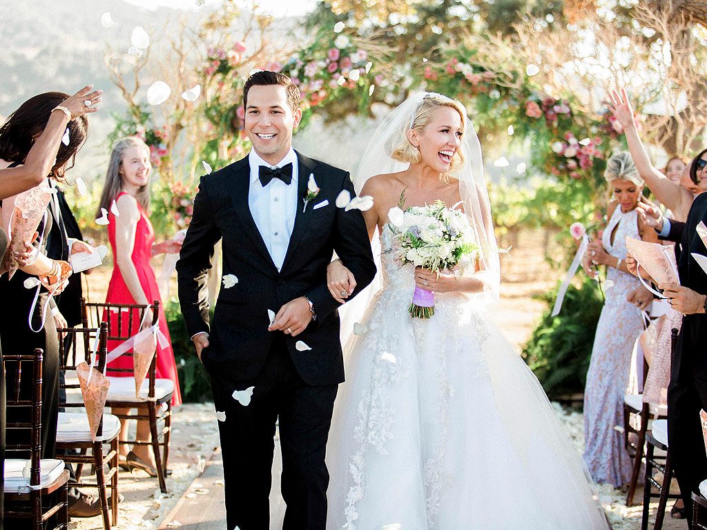 Celebrity weddings | Skyler Astin and Anna Camp’s Vineyard Wedding | Couple Walking Up the Aisle