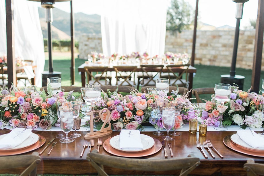 Celebrity weddings | Skyler Astin and Anna Camp’s Vineyard Wedding | Floral Runner | Floral Centerpieces 