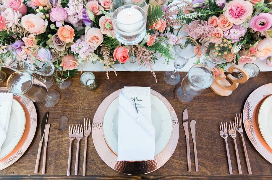 Celebrity weddings | Skyler Astin and Anna Camp’s Vineyard Wedding | Floral Runner | Rose Gold Dinnerware | Wedding Place Settings