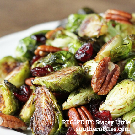 Simple and Delicious Holiday Recipes and Entertaining Essentials from RegistryFinder.com | Roasted Brussels Sprouts with Cranberries and Pecans