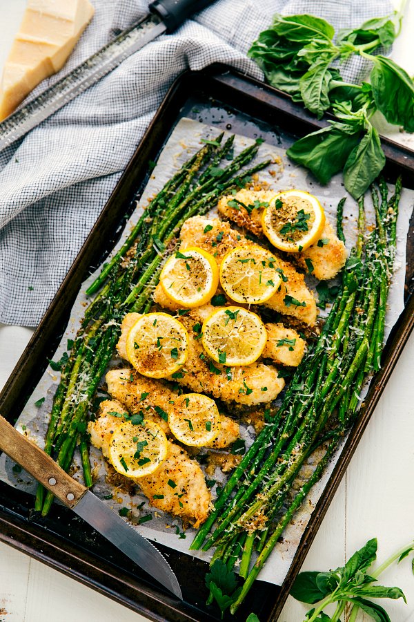 One Pan Lemon Parmesan Chicken and Asparagus | Spring Shower Menu Dinner