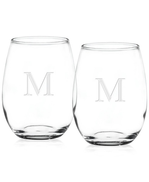 Culver Monogram Stemless Wine Glasses, Set of 2