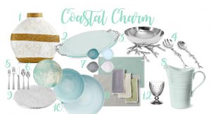 Coastal table setting | Michael Aram ocean coral platter | Michael Aram ocean coral serving bowl | Shell bowl set | Michael Aram sea urchin platter | Lenox French Perle placemat and napkins