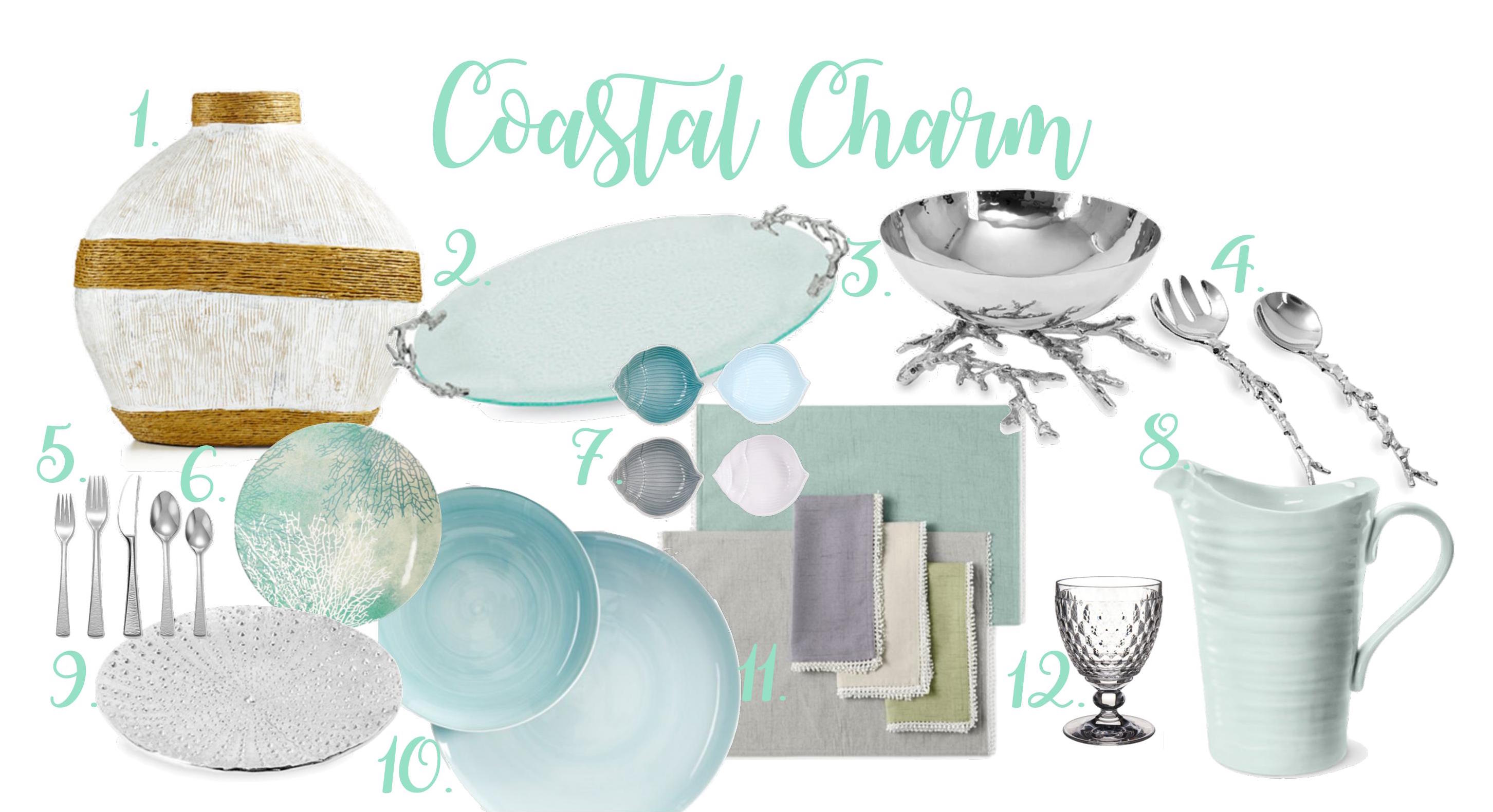 Coastal table setting | Michael Aram ocean coral platter | Michael Aram ocean coral serving bowl | Shell bowl set | Michael Aram sea urchin platter | Lenox French Perle placemat and napkins 