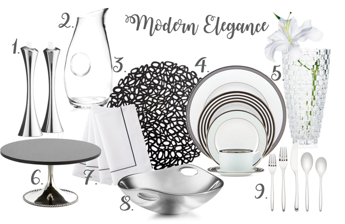 Modern table setting | Michael Aram cake stand | Nambe candle sticks | Kate Spade Place Setting | Waterford napkins | Mikasa crystal vase | Nambe bowl