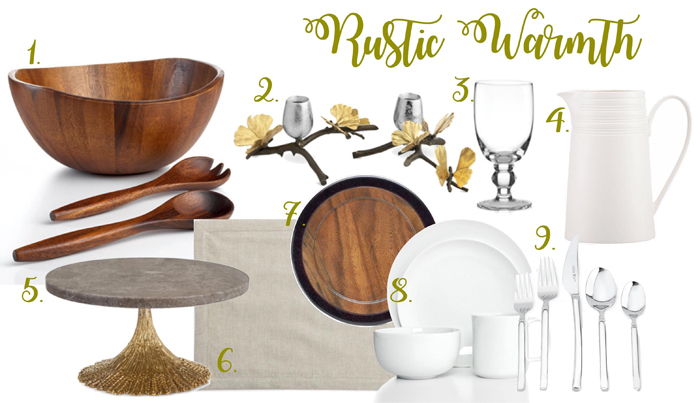 Rustic table | Rustic décor | Wood charger | Wood salad bowl | White dinnerware | Michael Aram candle holders