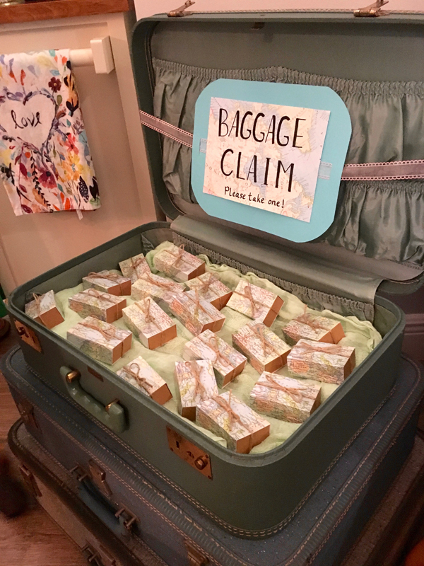 Vintage Suitcases | Chocolate truffle party favors | Travel-themed shower favors