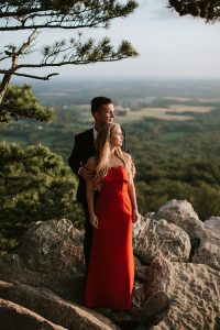 Red gown from Rent the Runway for Engagement Pictures