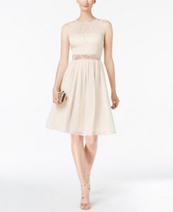 Adrianna Papell Belted Chiffon Neutral Bridesmaid Dress from Macy’s Wedding Shop
