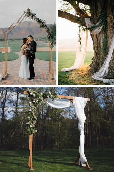 Ditch the traditional and make a dramatic backdrop out of the natural elements by framing your at-home wedding in a simple, beautiful arbor.
