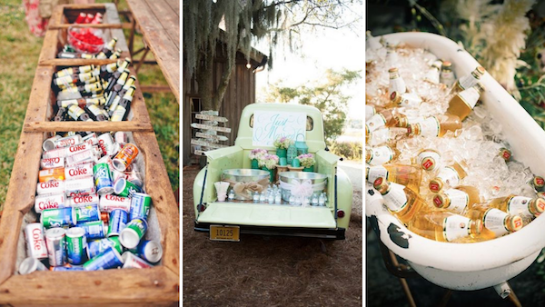 Treat your at-home wedding more like a garden party than a formal fete, and let your guests grab their drinks!