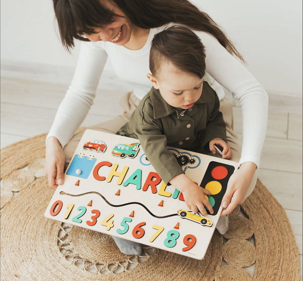 Wooden Busy Board with Name Puzzle and Cars