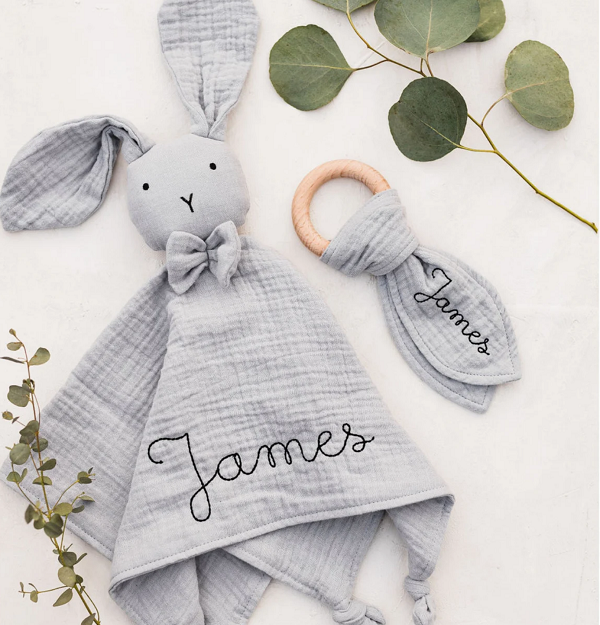 Organic Muslin Cotton Rabbit Lovey and Teething Ring