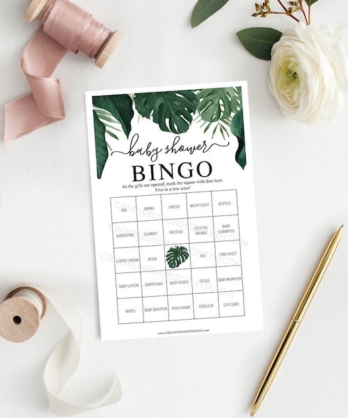 Green Yellow Baby Shower Bingo Blank Game Printable, Tropical Baby