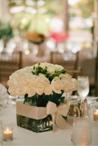 DIY wedding centerpiece hydrangeas, roses, ribbon