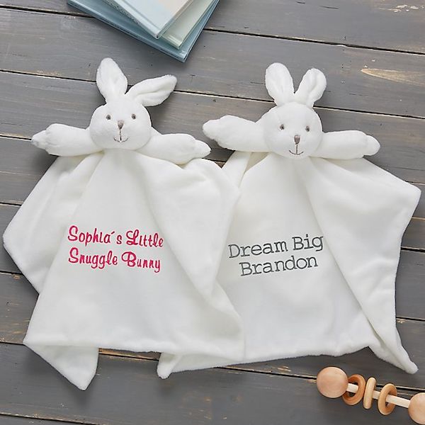14 Personalized & Sentimental Baby Gifts | Embroidered Plush Bunny Blanket