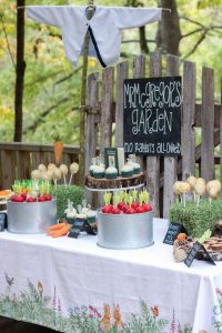 a salad bar filled with Peter Rabbit’s favorite veggies
